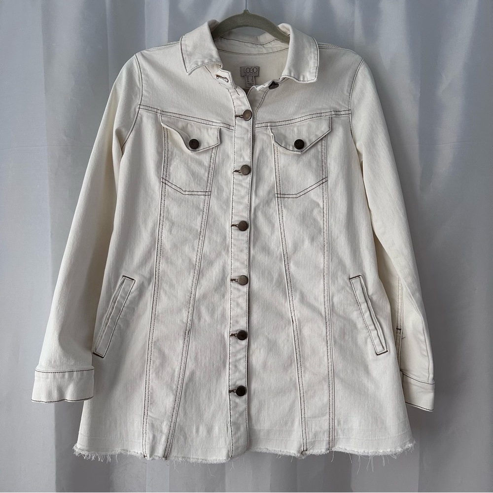 LOGO by Lori Goldstein White Denim Jacket with Brown Contrast Stitching